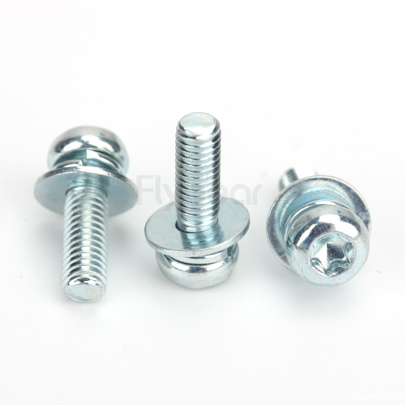 碳钢4.8级蓝白锌内六角花形盘头带平弹垫组合螺钉GB2672三组合